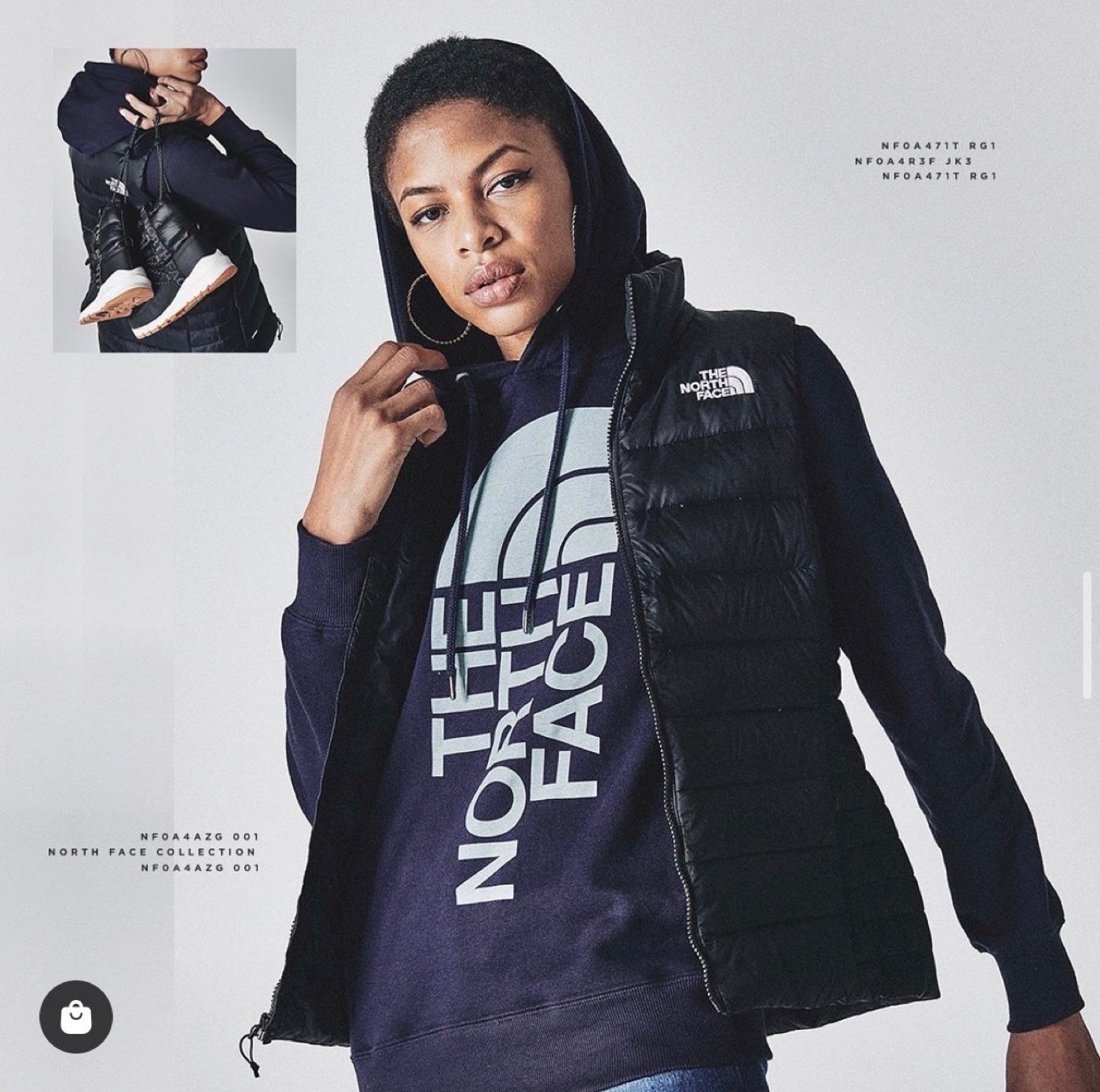RiRi, brand campaign model, shot for The North Face in a navy puffer vest over a hoodie